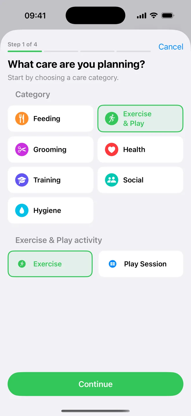 Step one of a new routine: choosing a care category such as feeding, grooming or exercise