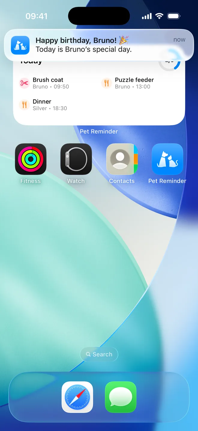 Birthday notification for Bruno above the Home Screen