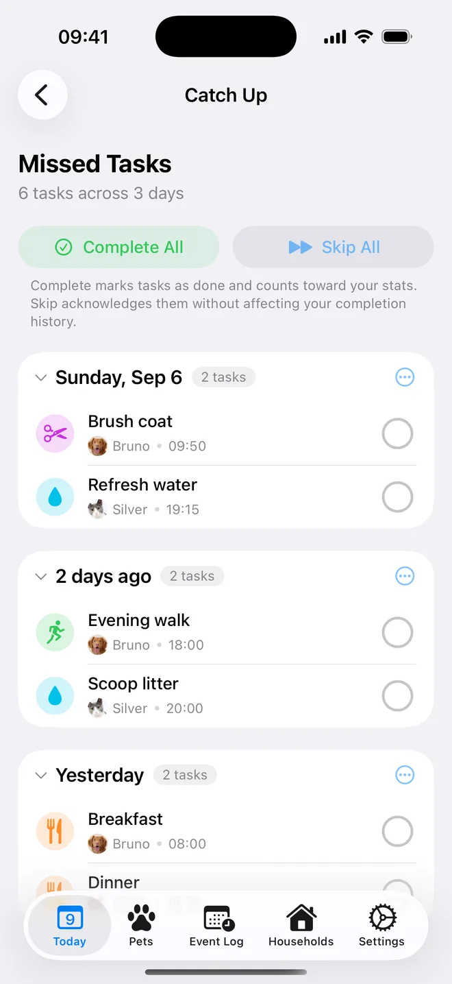 Catch Up screen listing missed tasks across three days with Complete All and Skip All
