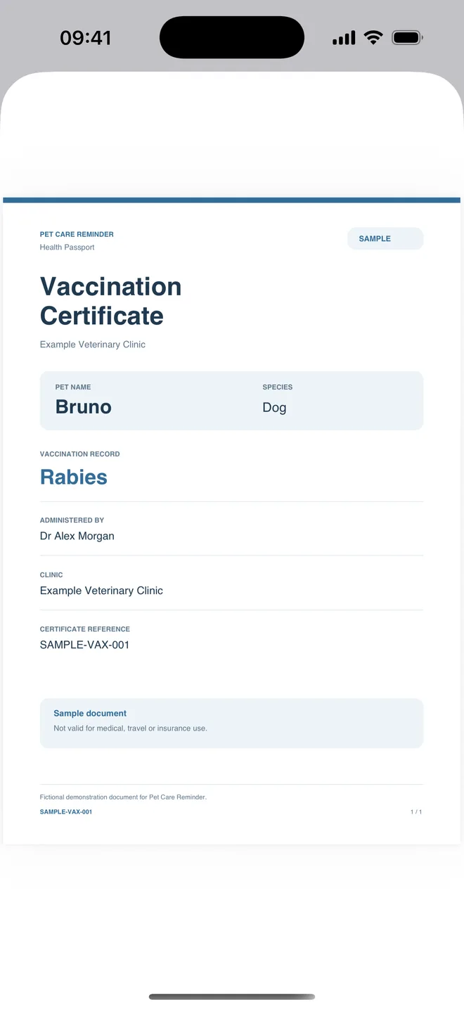 A sample vaccination certificate stored with Bruno's records