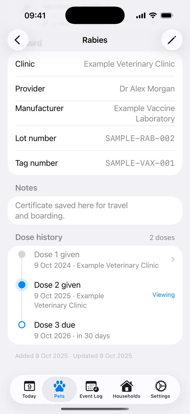 Rabies record details with clinic, provider, lot number and a three-dose history