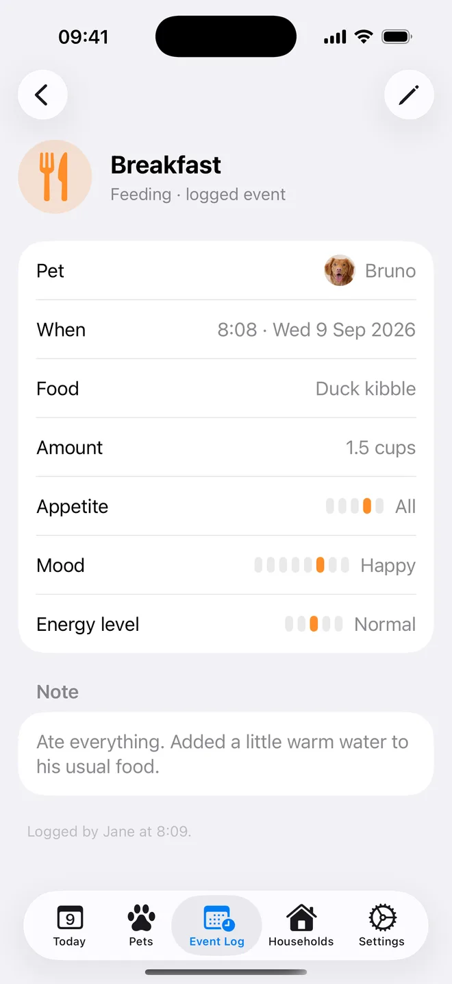 Logged breakfast for Bruno with food, amount, appetite, mood, energy level and a note
