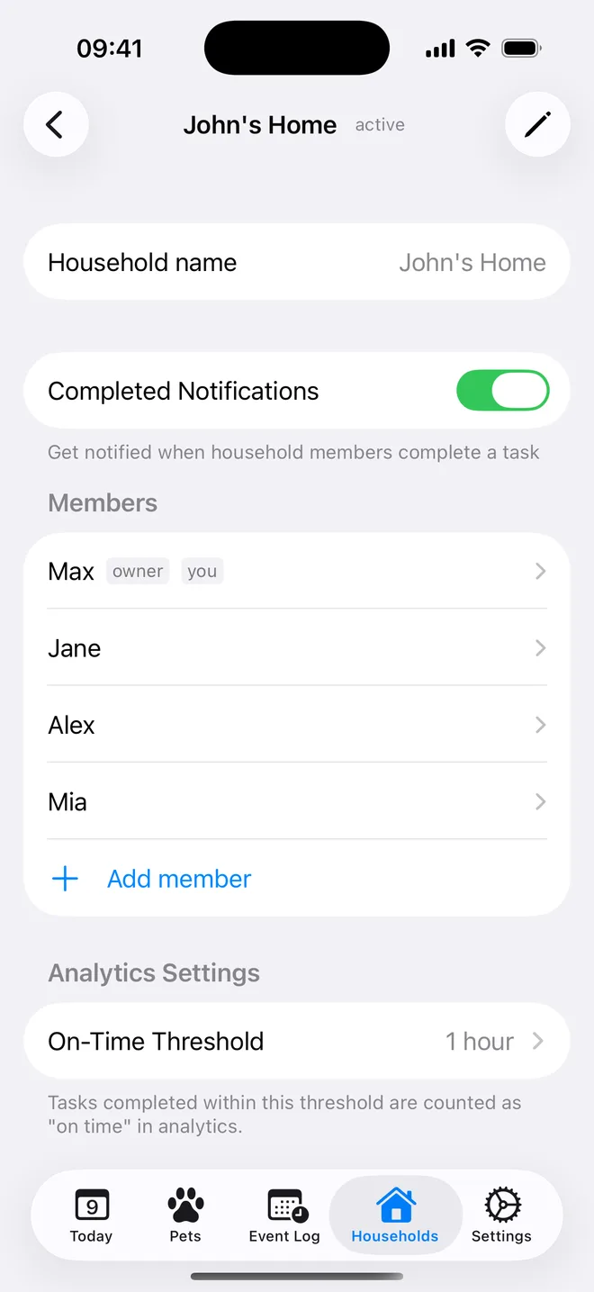 A shared household with four members and completion notifications turned on