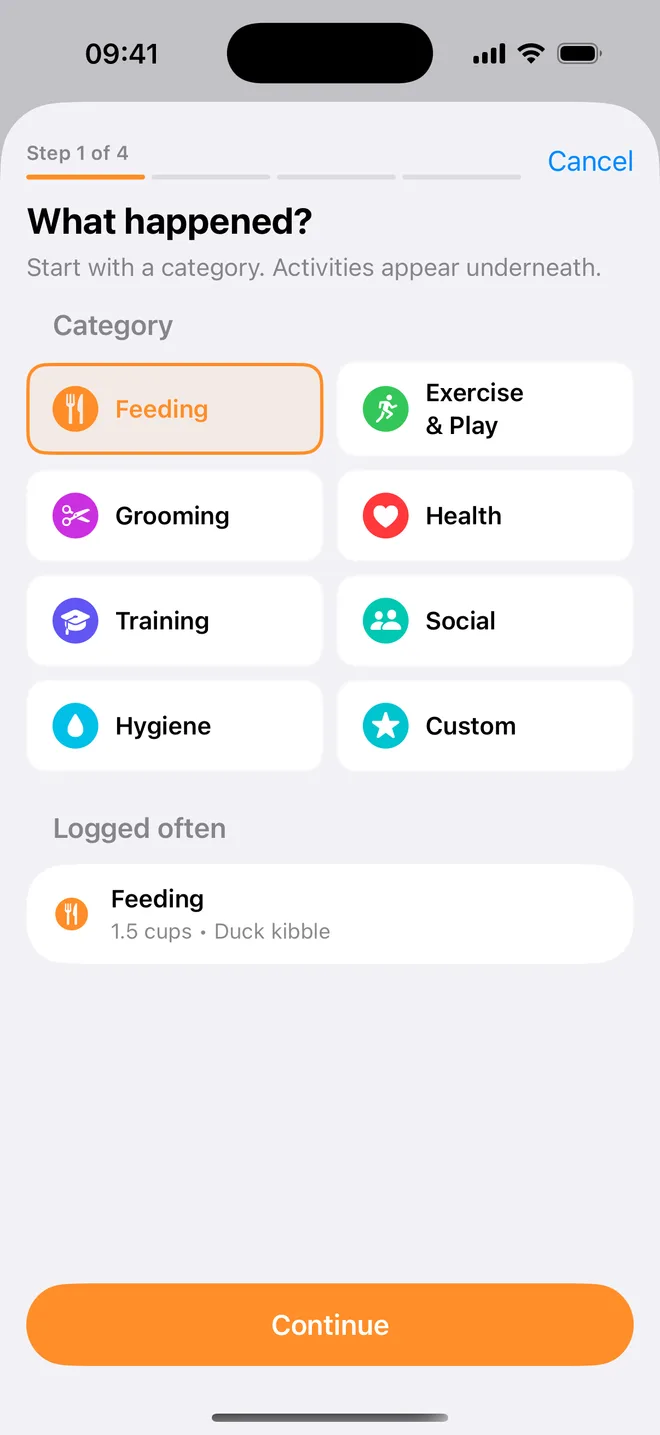 New log entry: choosing a category, with a Logged often shortcut for feeding
