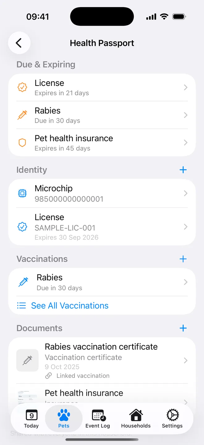 Health Passport with due and expiring items, identity details, vaccinations and documents