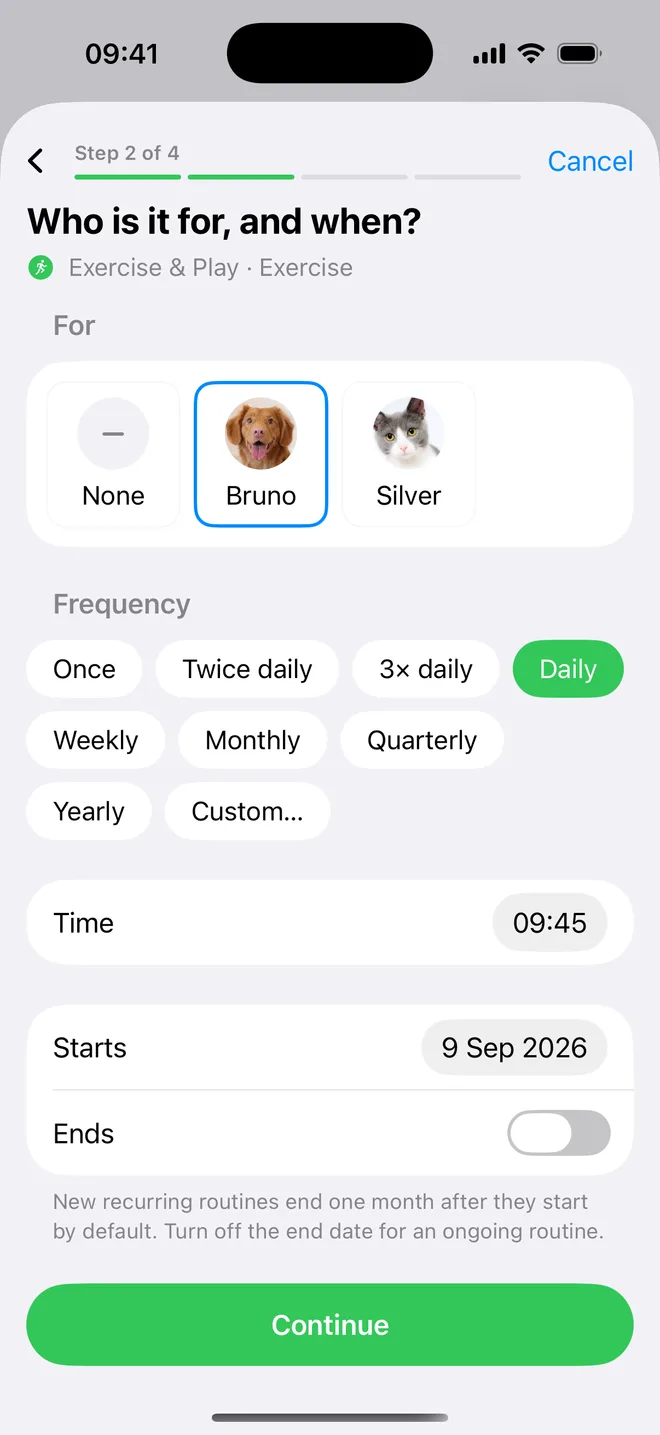 Choosing the pet, frequency, time and start date for a new routine