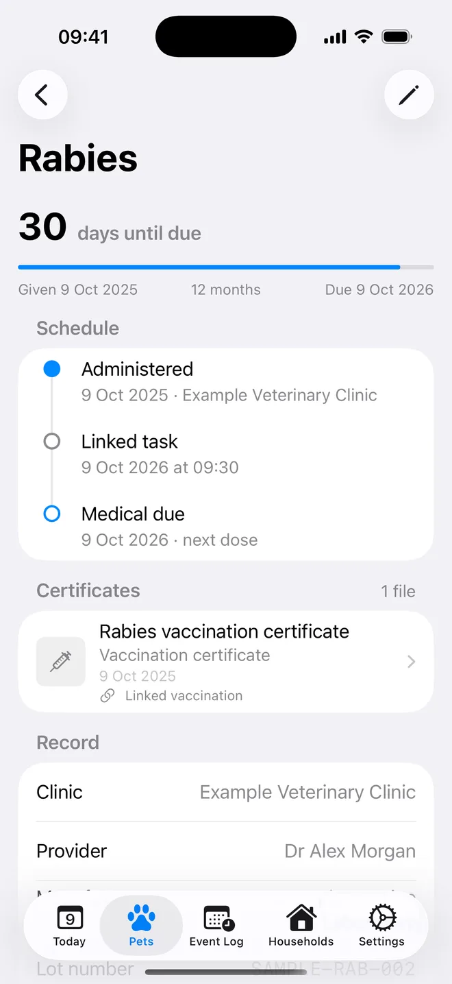 Rabies vaccination with 30 days until due, a schedule and a linked certificate