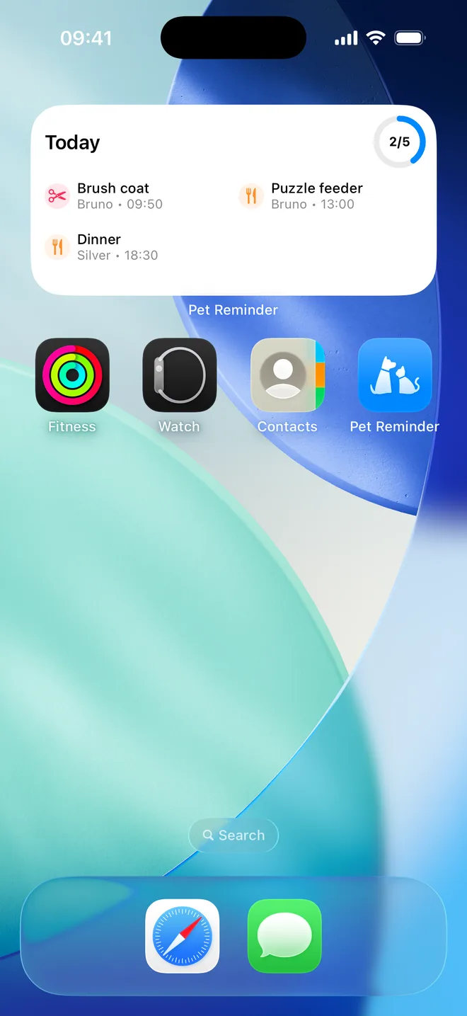 Home Screen with the Today widget showing three upcoming tasks